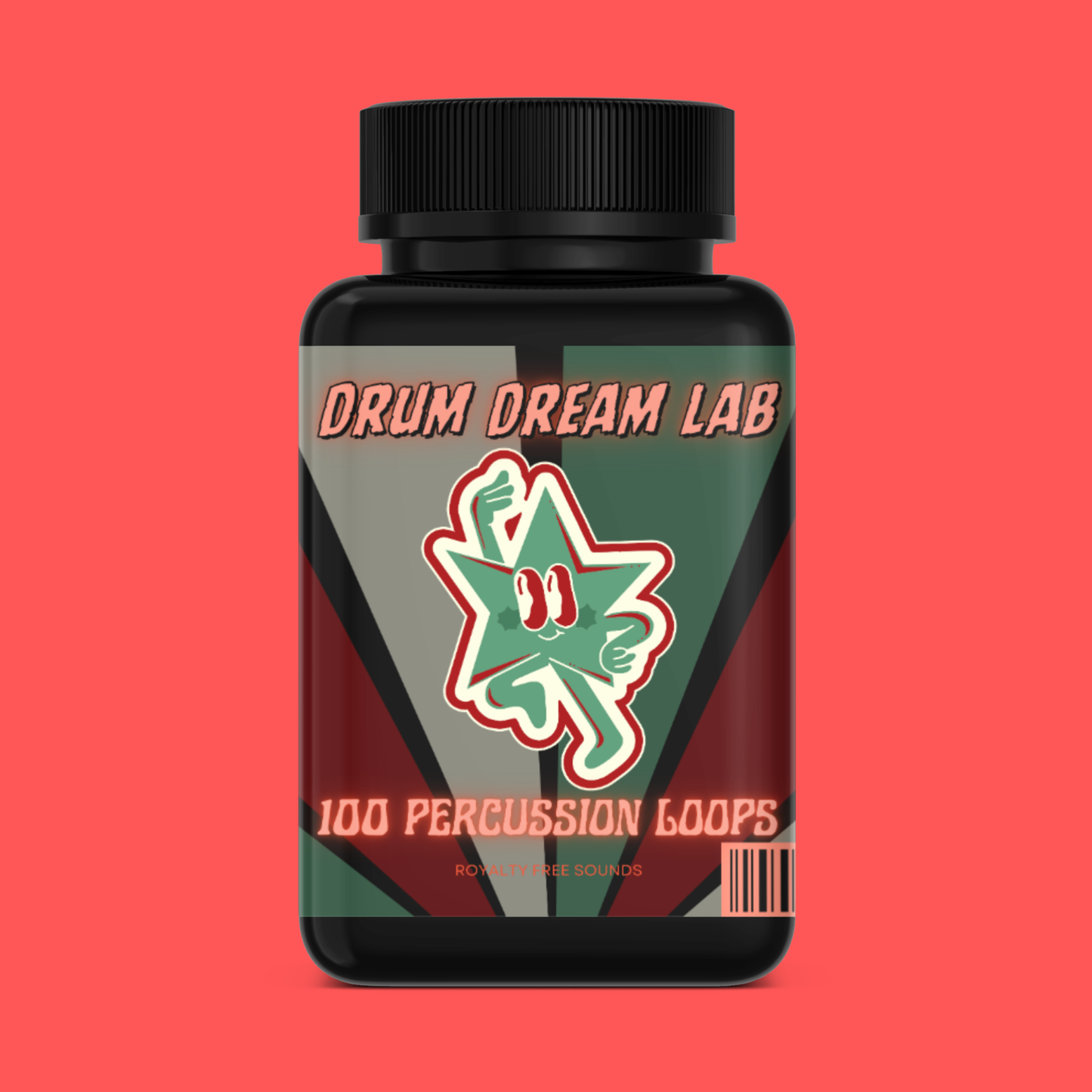 Black medicine-style bottle labeled “Percussion Remedy – 100 Percussion Loops” on coral red background