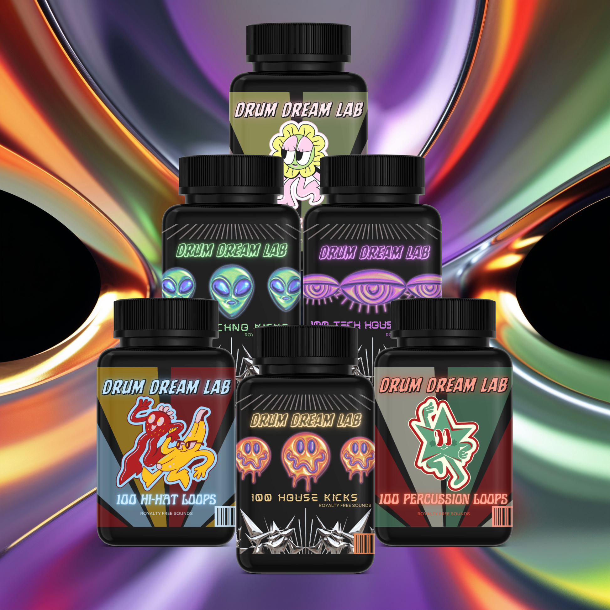 Six medicine-style bottles labeled kicks and drum loops (House, Tech House, Techno kicks; Hi-Hat, Snare, Percussion loops) arranged on a colorful abstract background