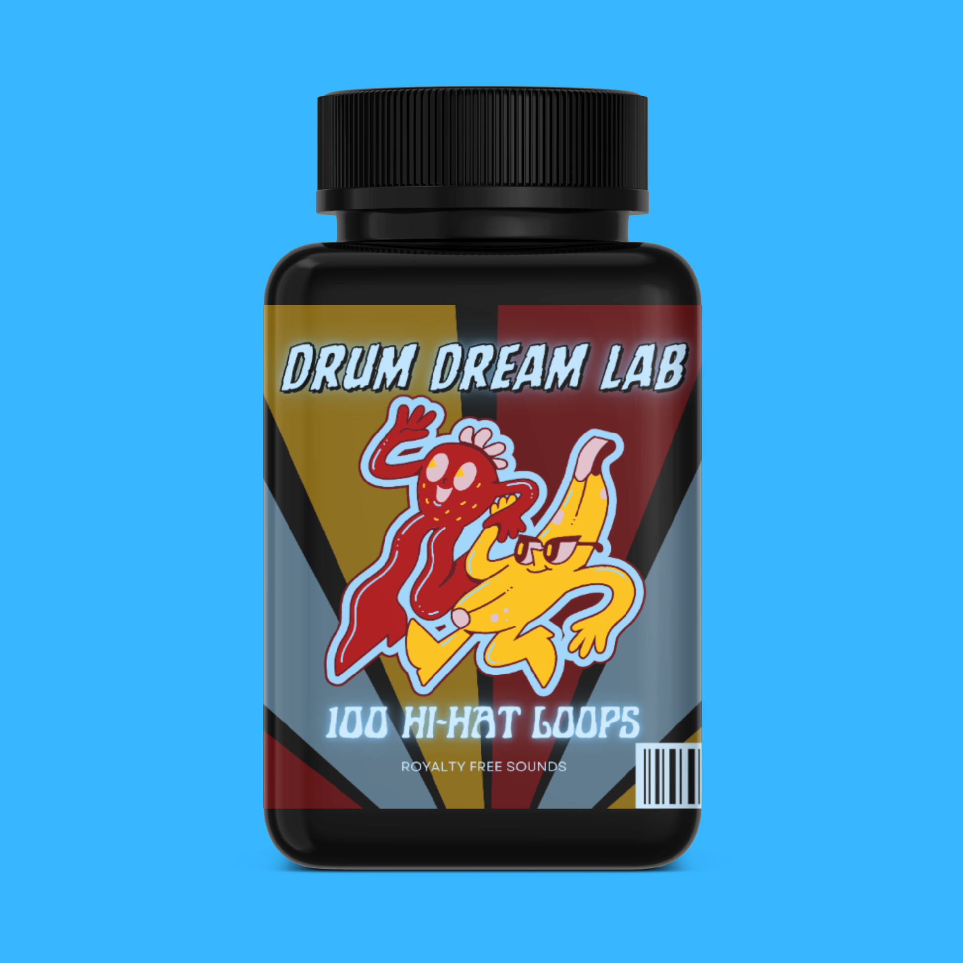 Black medicine-style bottle labeled “Hi-Hat Remedy – 100 Hit Hat Loops” with dancing fruit artwork on blue background