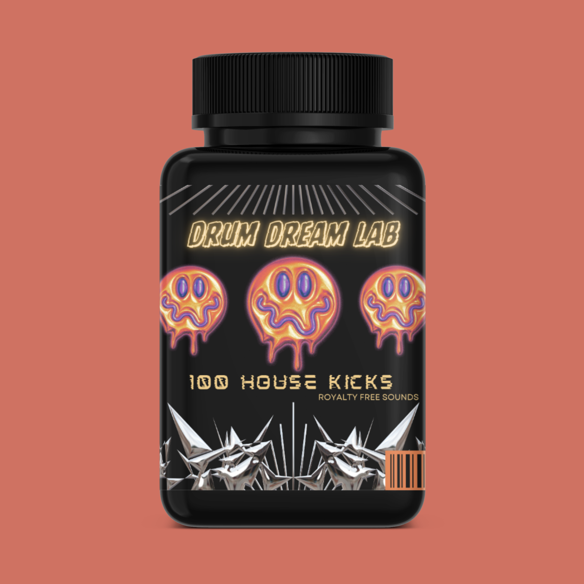 Black medicine-style bottle labeled “House Kick Therapy – 100 House Kicks” on terracotta background