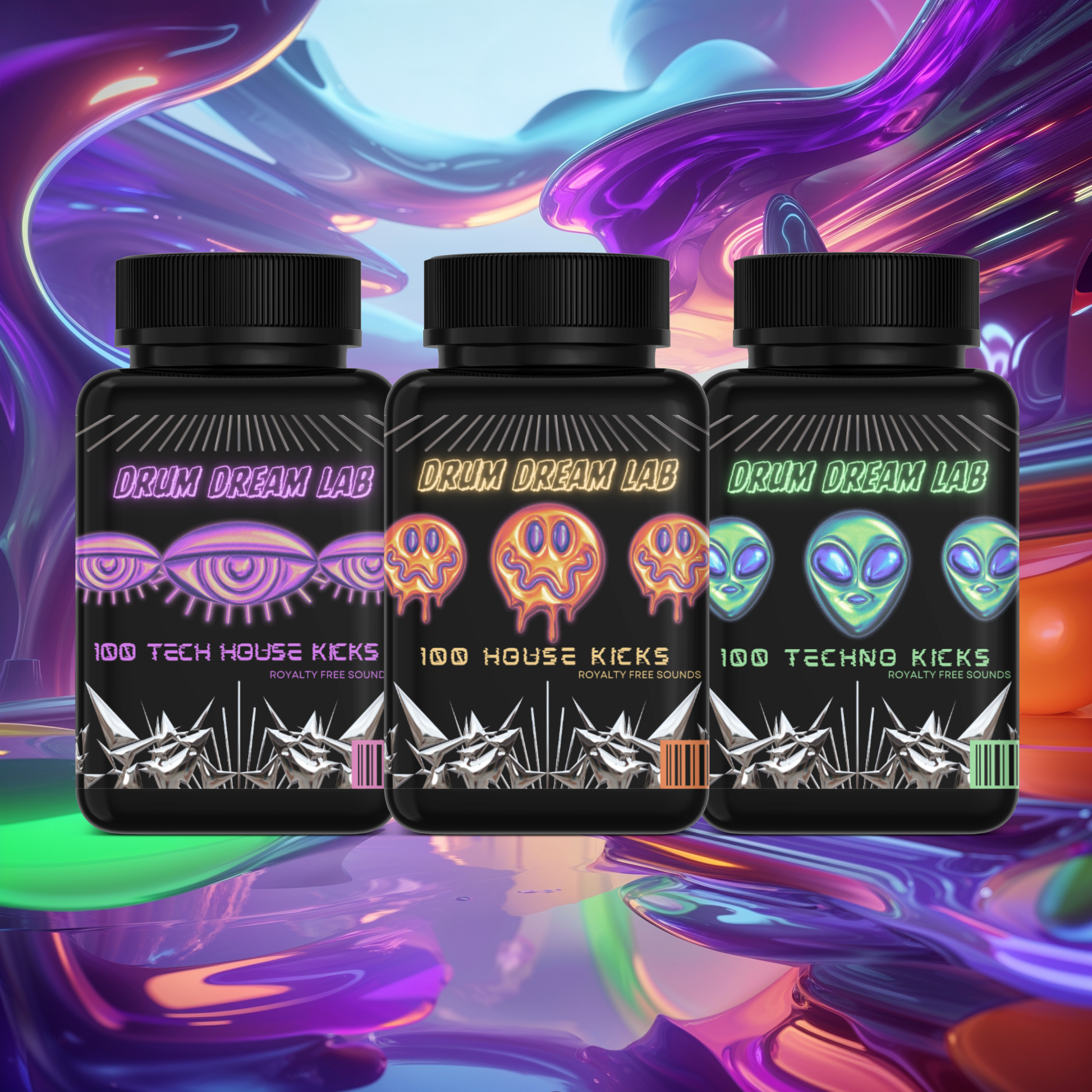 Three medicine-style bottles labeled “100 House Kicks,” “100 Tech House Kicks,” and “100 Techno Kicks” grouped on a colorful abstract background