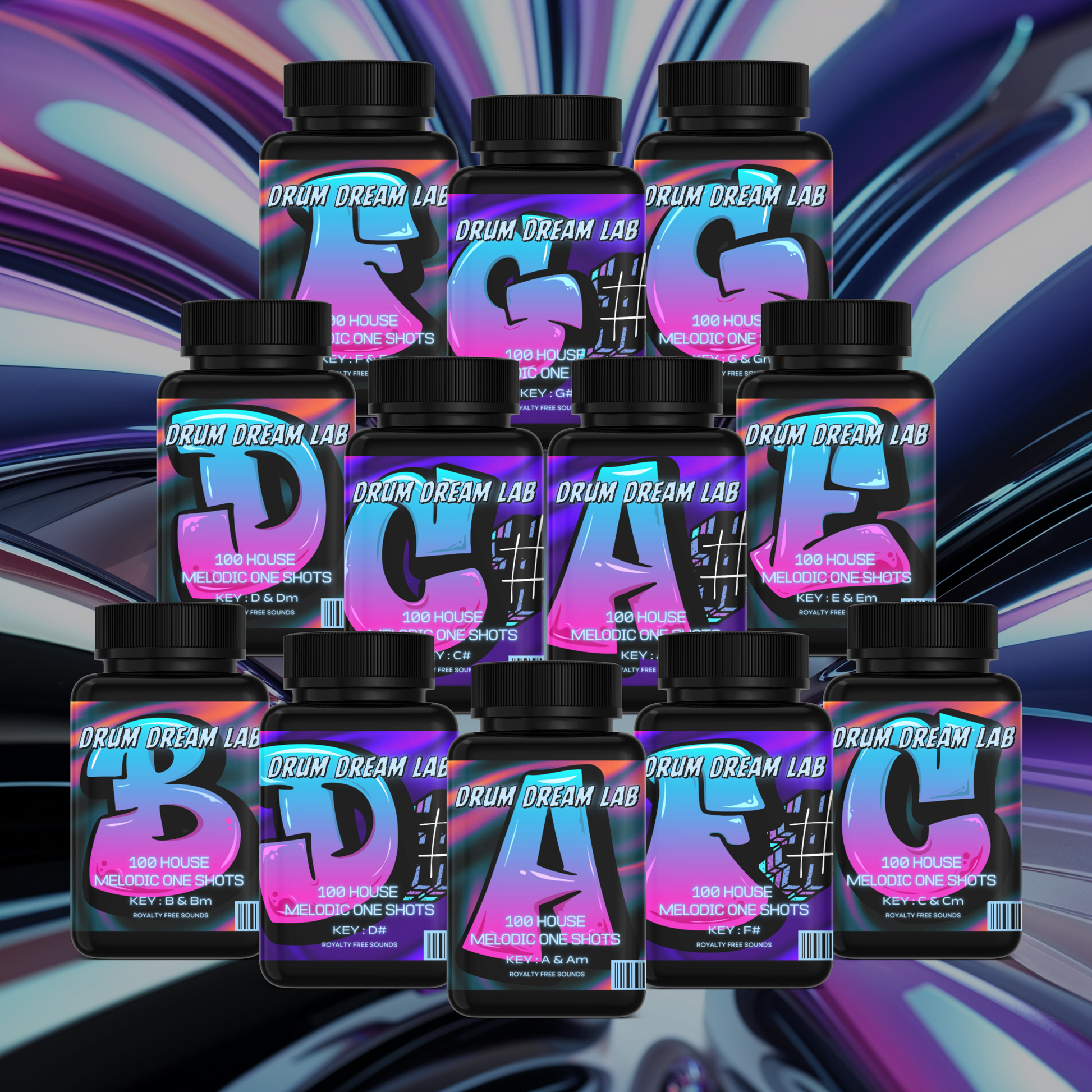 Twelve digital medicine-style bottles labeled A through G♯, representing 1200 house melodic one-shots on a vibrant abstract background