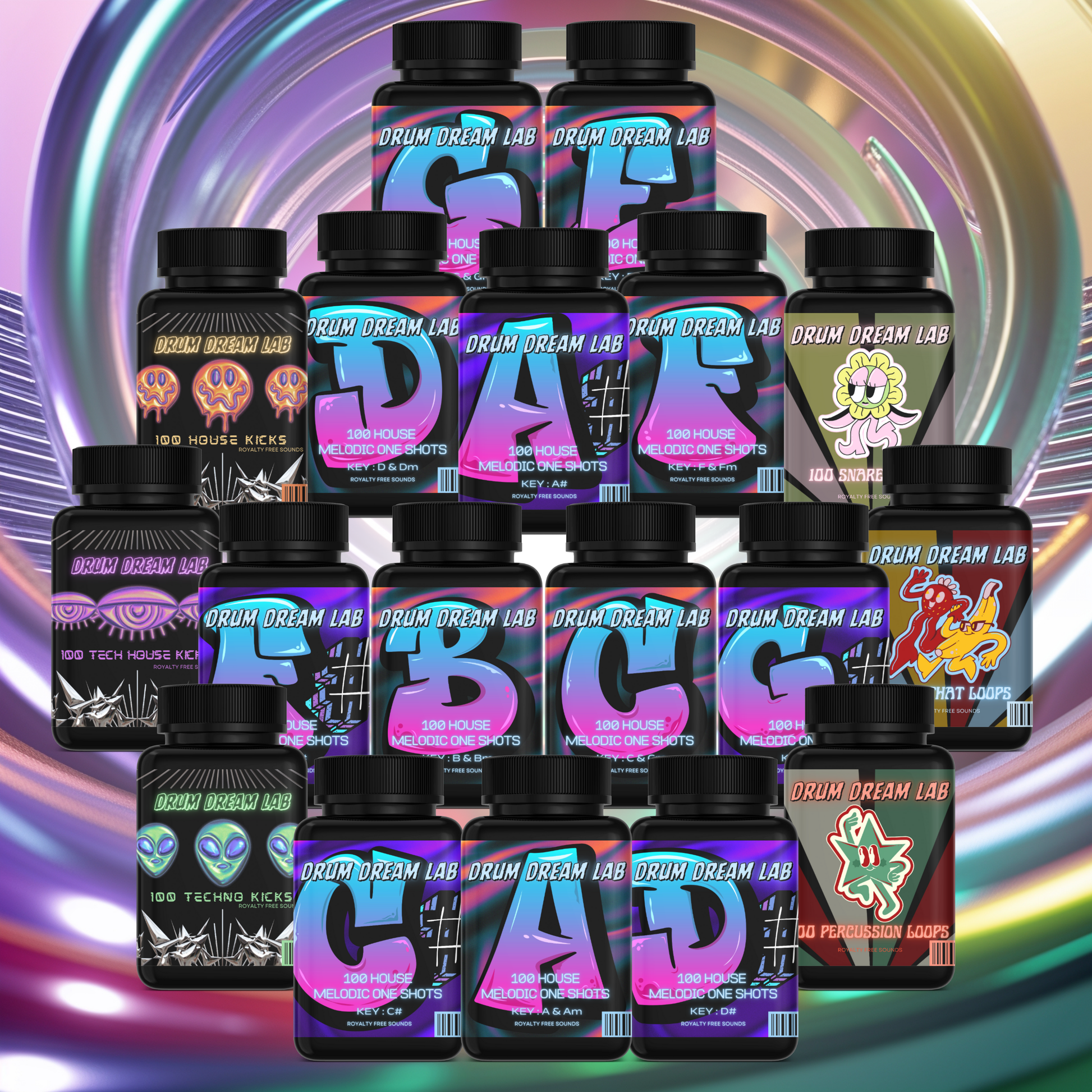 A colorful collage of 18 Drum Dream Lab sample pack bottles—including kicks, loops, one-shots—arranged on a vibrant abstract background